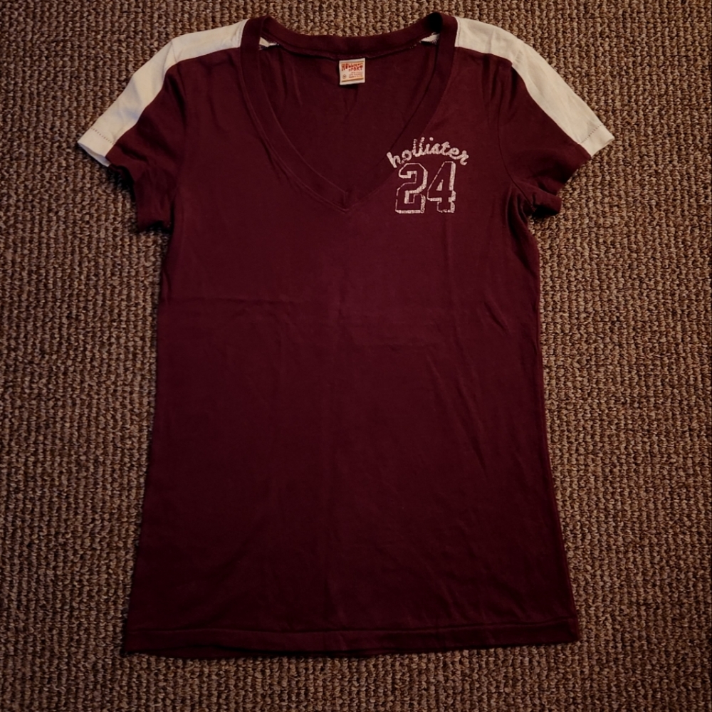 Vintage Hollister Sport V-Neck Baseball Cotton Tee Maroon White Medium